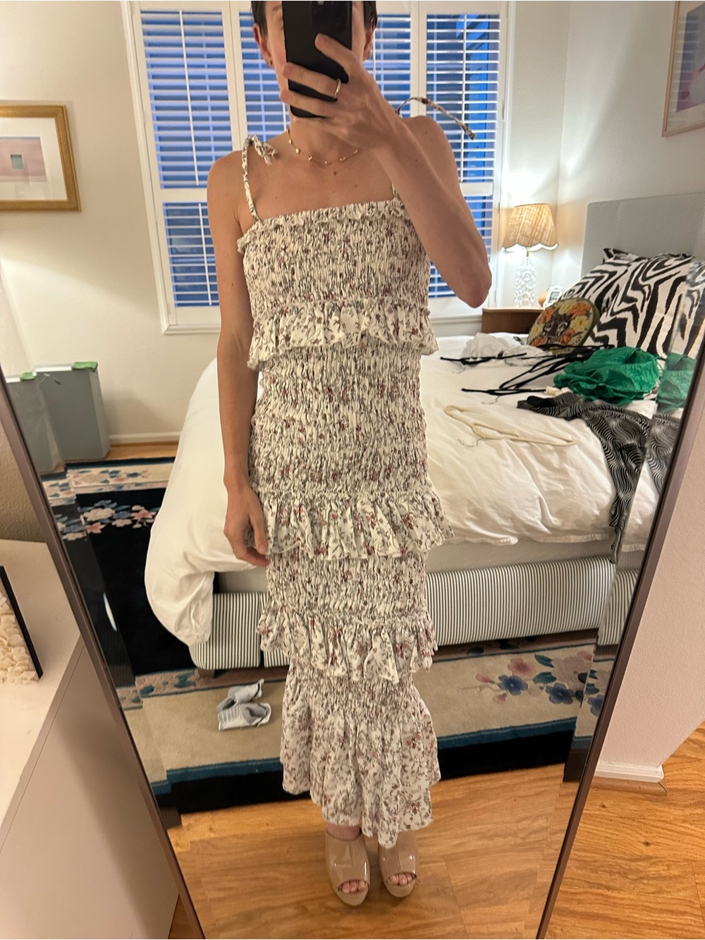 Smocked Maxi Dress with Tie Straps - White with Red Floral